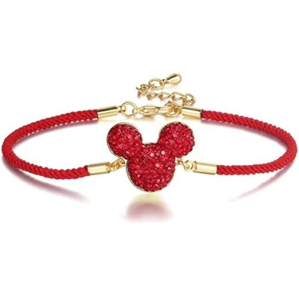 18K Yellow Gold and Ruby Crystal Mickey Mouse Adjustable Charm Bracelet